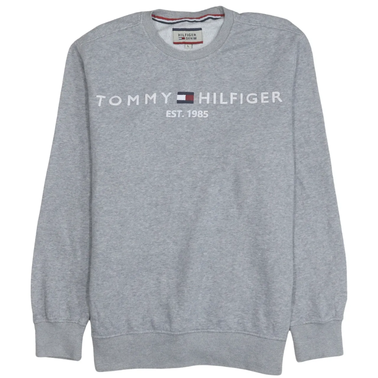 Tommy Hilfiger 90's Spellout Crew Neck Sweatshirt Large Grey sold by Vintage Club