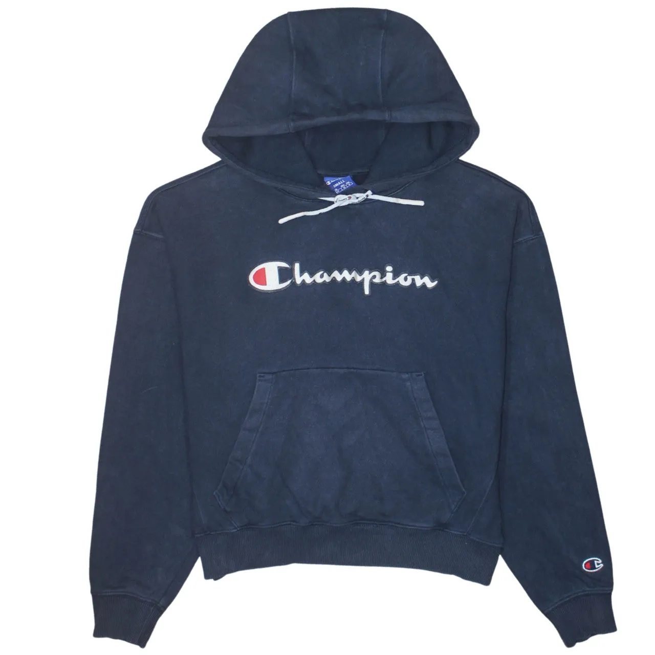 Champion 90's Spellout Pullover Hoodie Small Navy Blue sold by Vintage Club