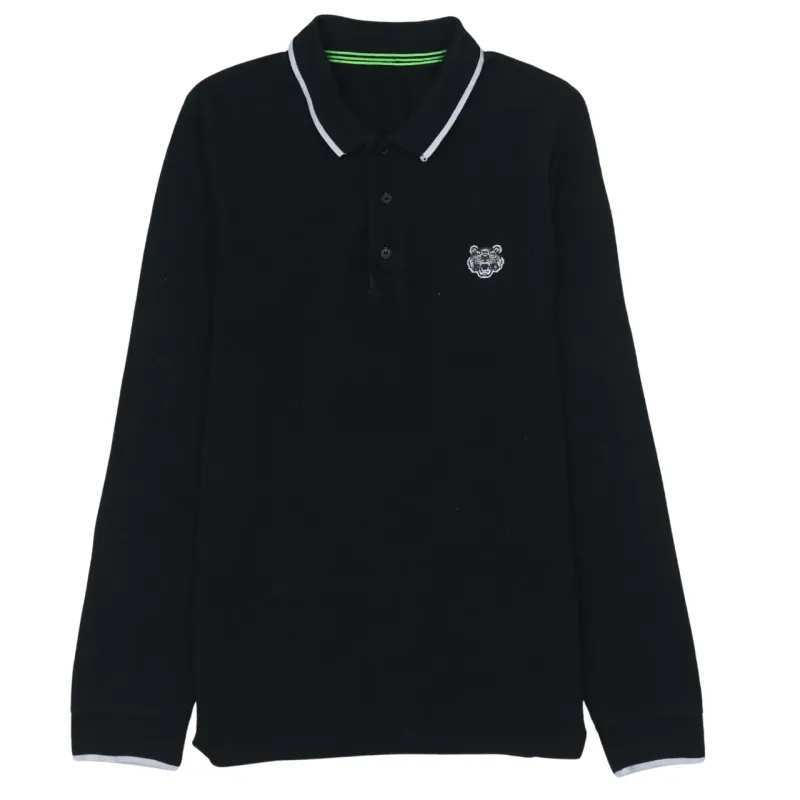 Retro 90's Long Sleeve Quarter Button Polo Shirt Small  Black sold by Vintage Club