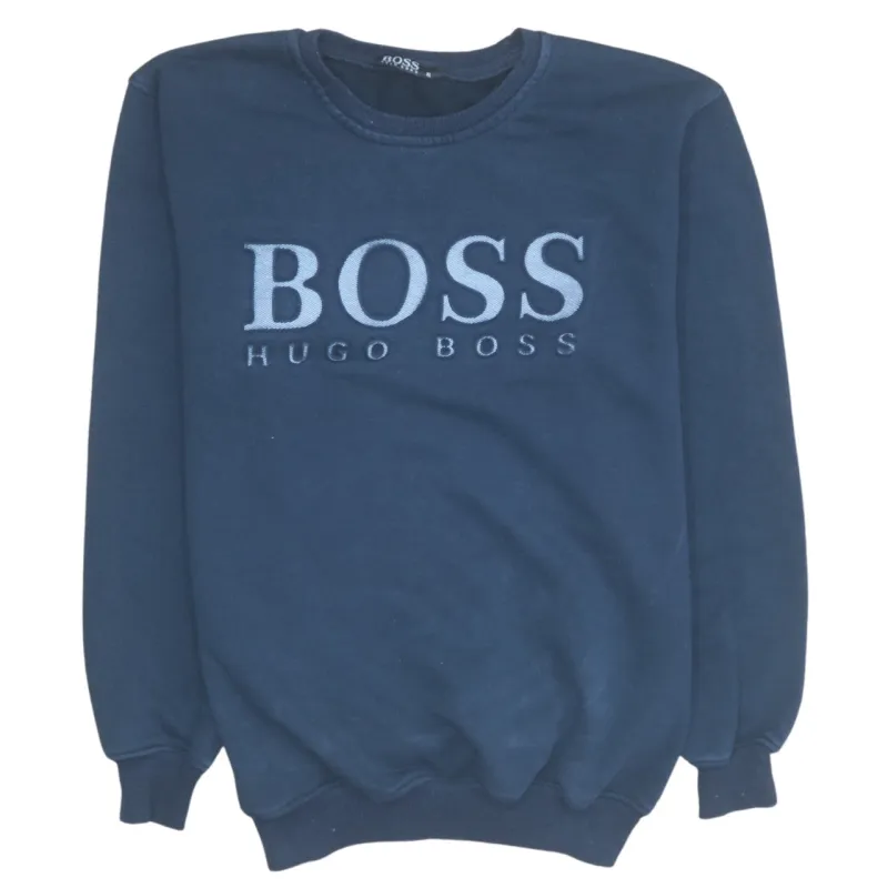 HUGO BOSS Navy Blue Sweatshirt Women's XLarge Embroidered Front Logo Crewneck Pullover sold by Vintage Club