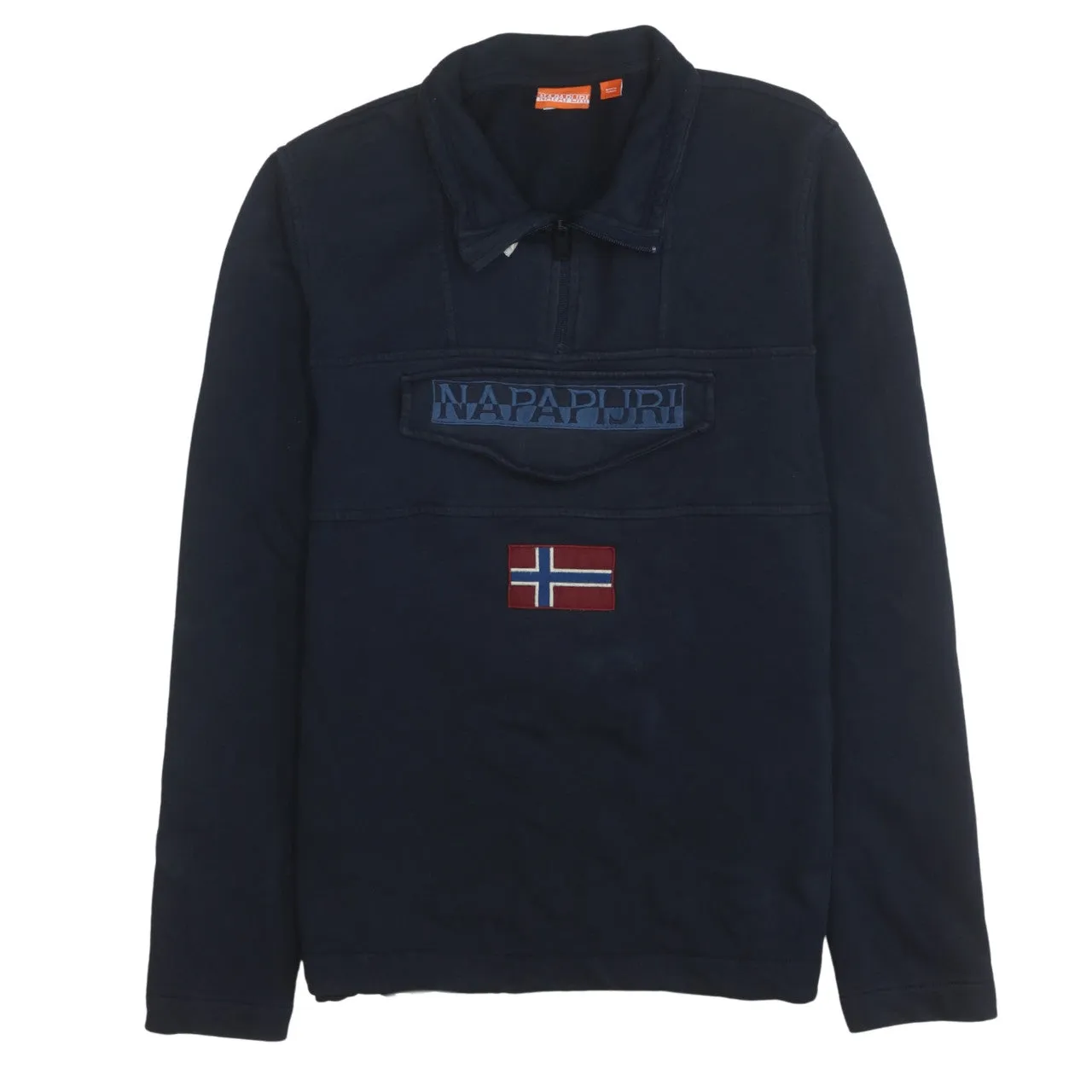 Napapijri 90's Spellout Quarter Zip Sweatshirt Small Navy Blue sold by Vintage Club