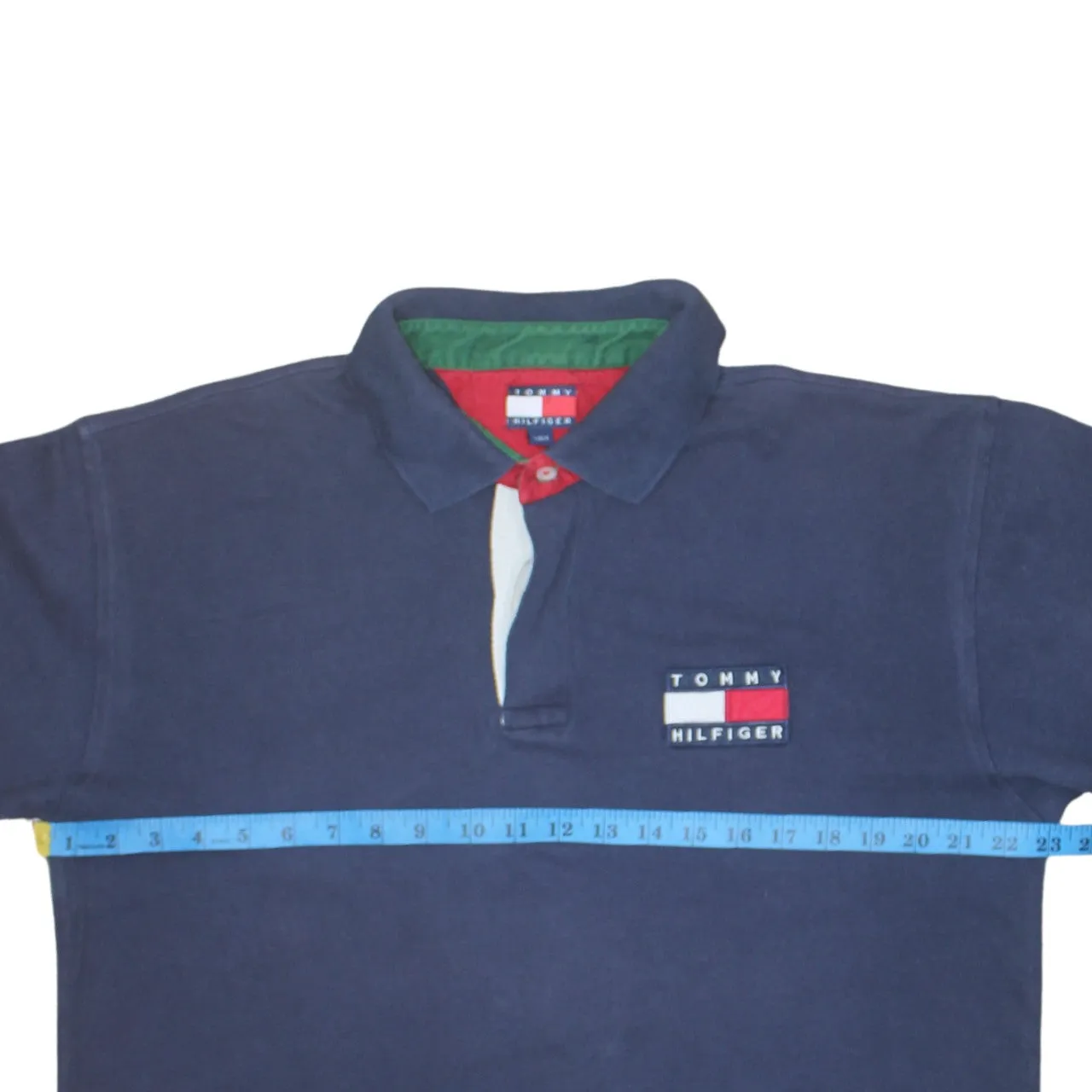 Tommy Hilfiger 90's Short Sleeves Quarter Button Polo Shirt Large Navy Blue sold by Vintage Club product image thumbnail 5