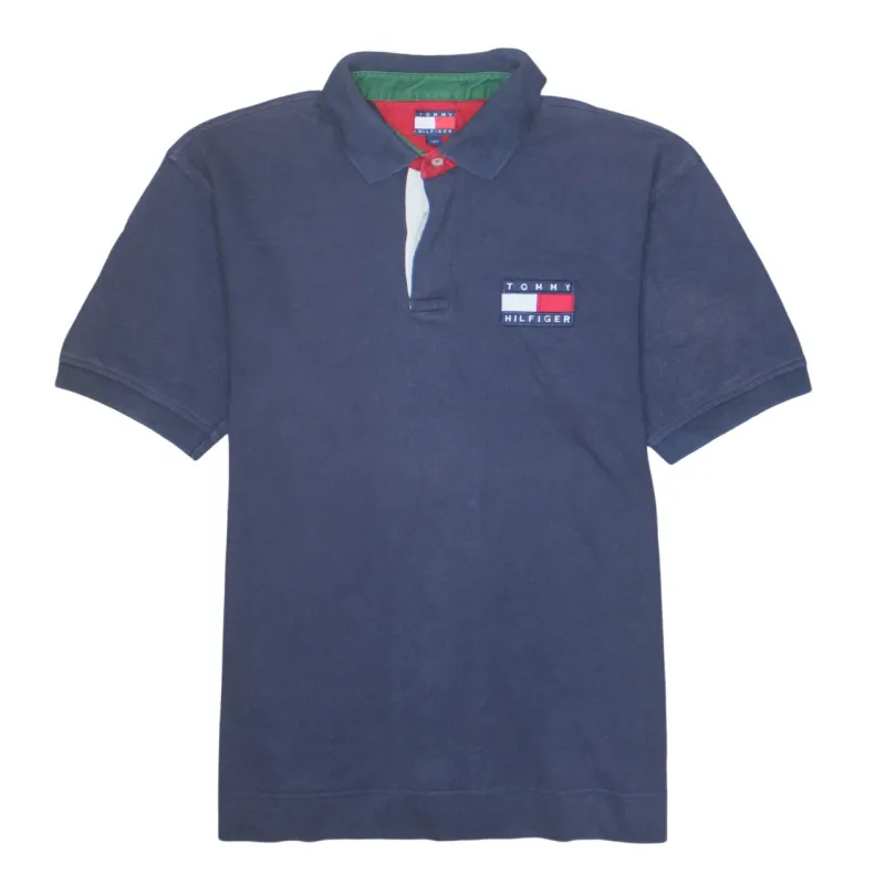 Tommy Hilfiger 90's Short Sleeves Quarter Button Polo Shirt Large Navy Blue made by Tommy Hilfiger