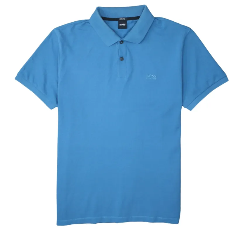 HUGO BOSS 90's Short Sleeves Quarter Button T Shirt XLarge Blue sold by Vintage Club