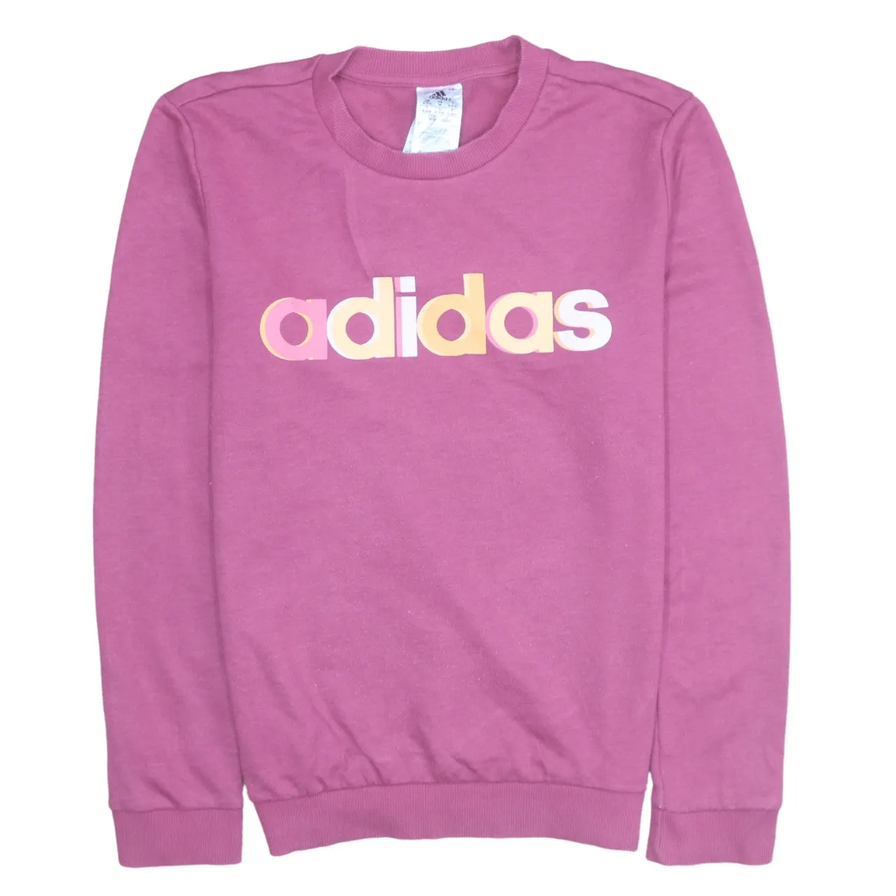 Adidas Pink Sweatshirt Women's Medium Printed Logo Crewneck Ribbed Cuffs Pullover Top sold by Vintage Club