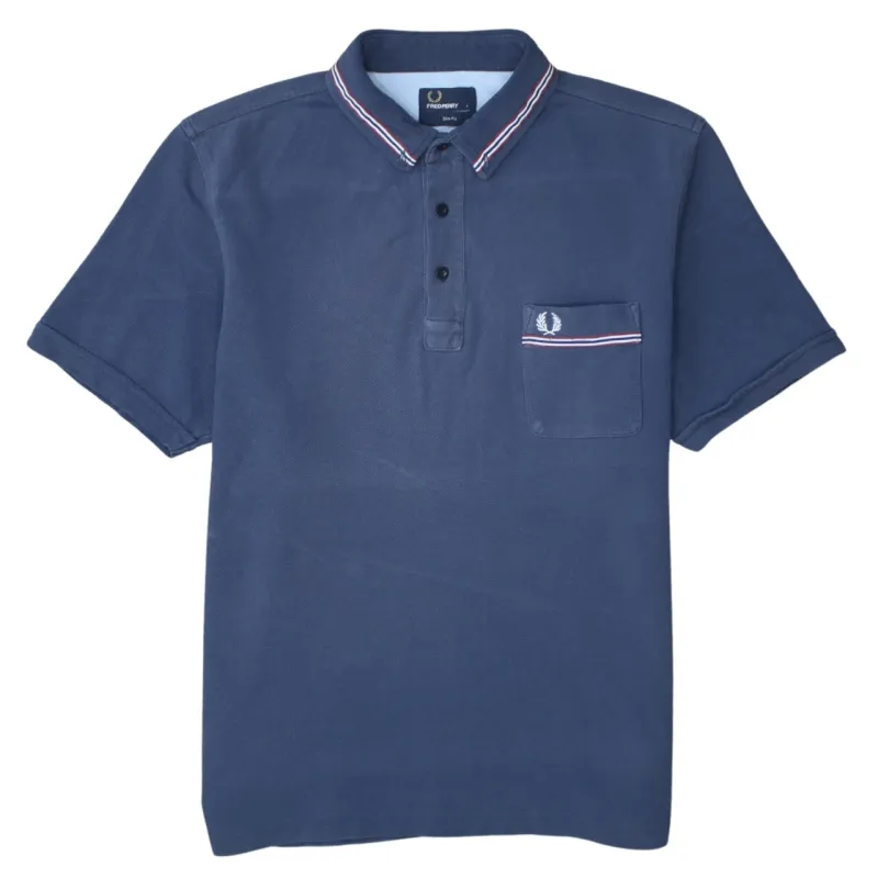 FRED PERRY 90's Short Sleeves Quarter Button Polo Shirt Large Navy Blue sold by Vintage Club