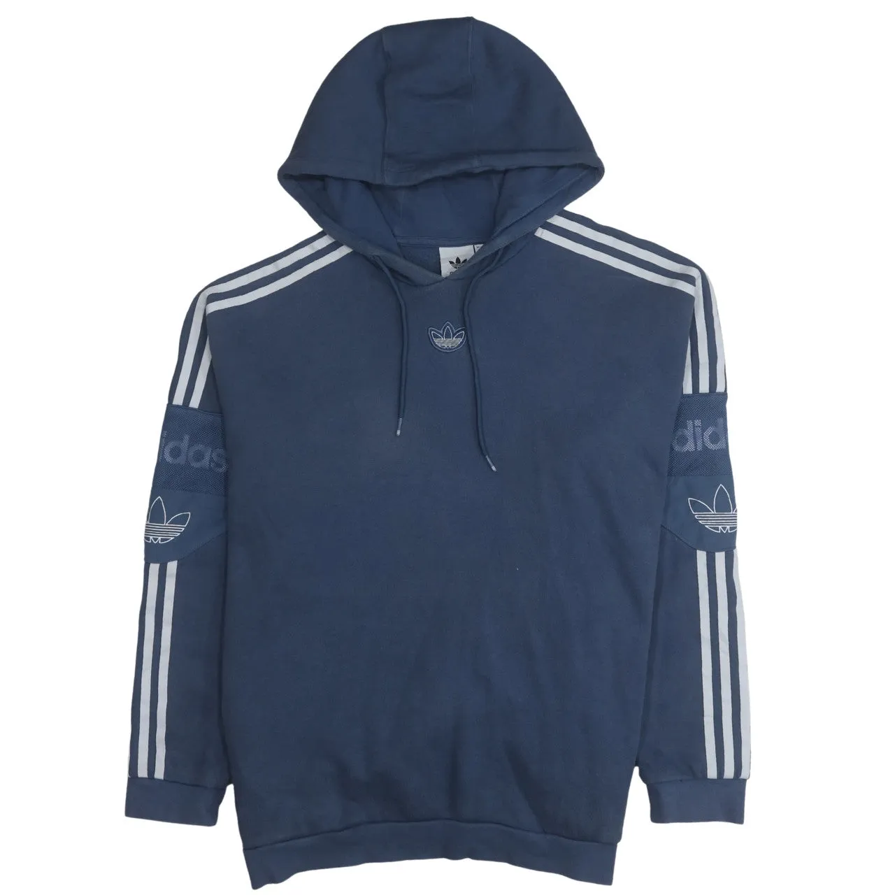 Adidas 90's Striped Sleeve Pullover Hoodie Medium Blue sold by Vintage Club
