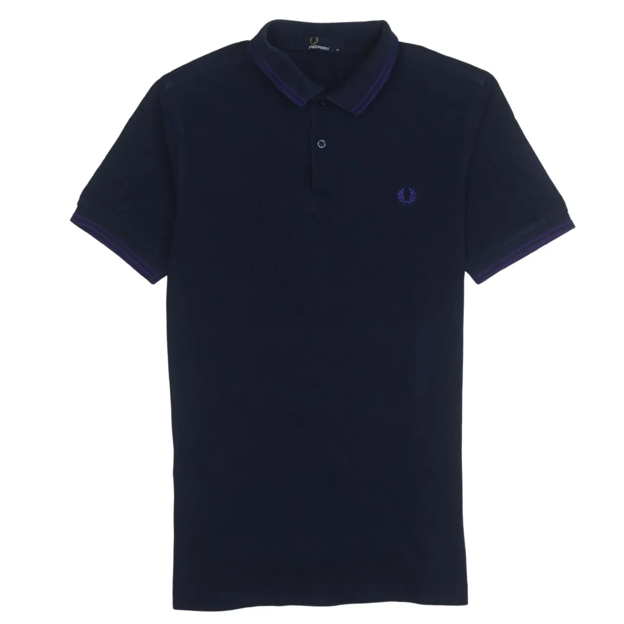 FRED PERRY 90's Short Sleeves Quarter Button Polo Shirt Medium Navy Blue sold by Vintage Club