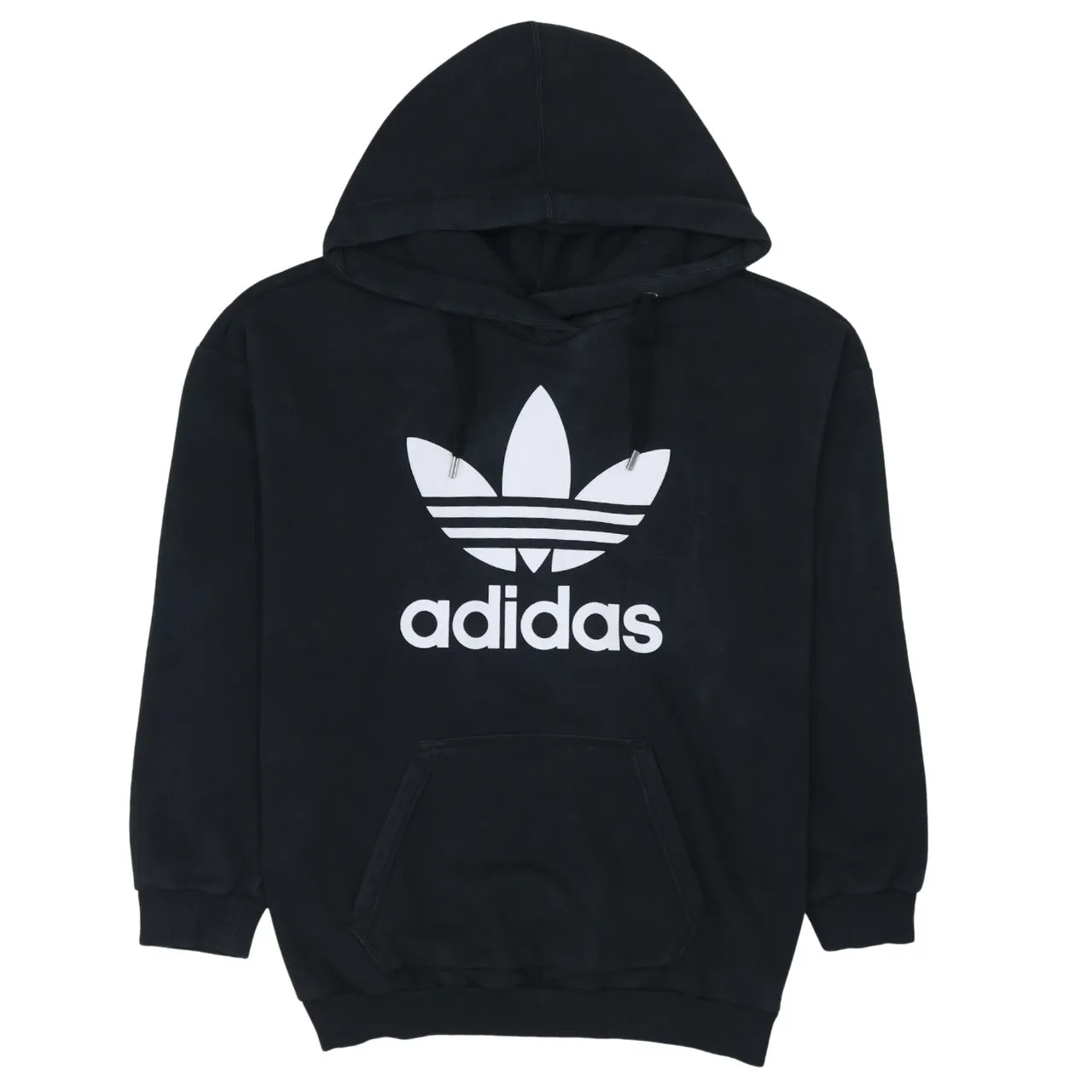 Adidas Black Hoodie Women’s Small Trefoil Printed Logo Front Pocket Pullover Sweatshirt sold by Vintage Club