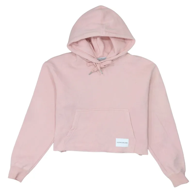 Calvin Klein Pink Cropped Hoodie Women’s XSmall Drawstring Hood Logo Patch Fleece Pullover made by Calvin Klein