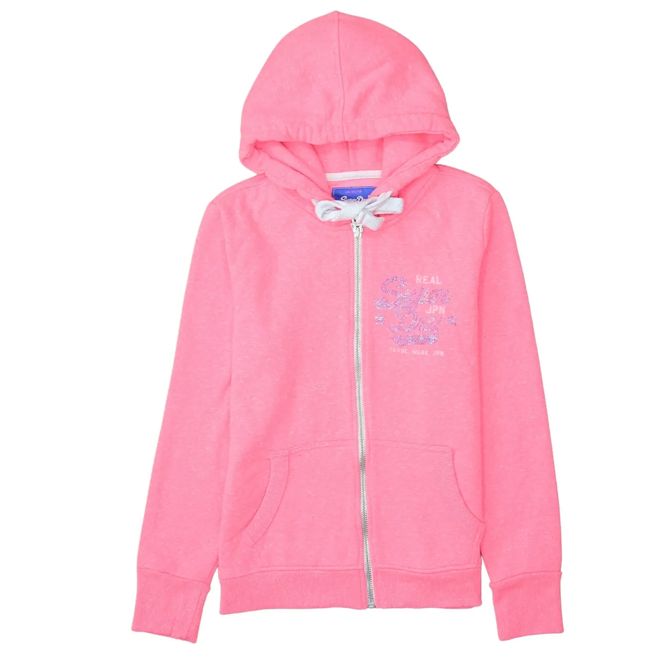 Superdry Bright Pink Zip Hoodie Women’s Large Embroidered Chest Logo Split Pockets Fleece Top sold by Vintage Club