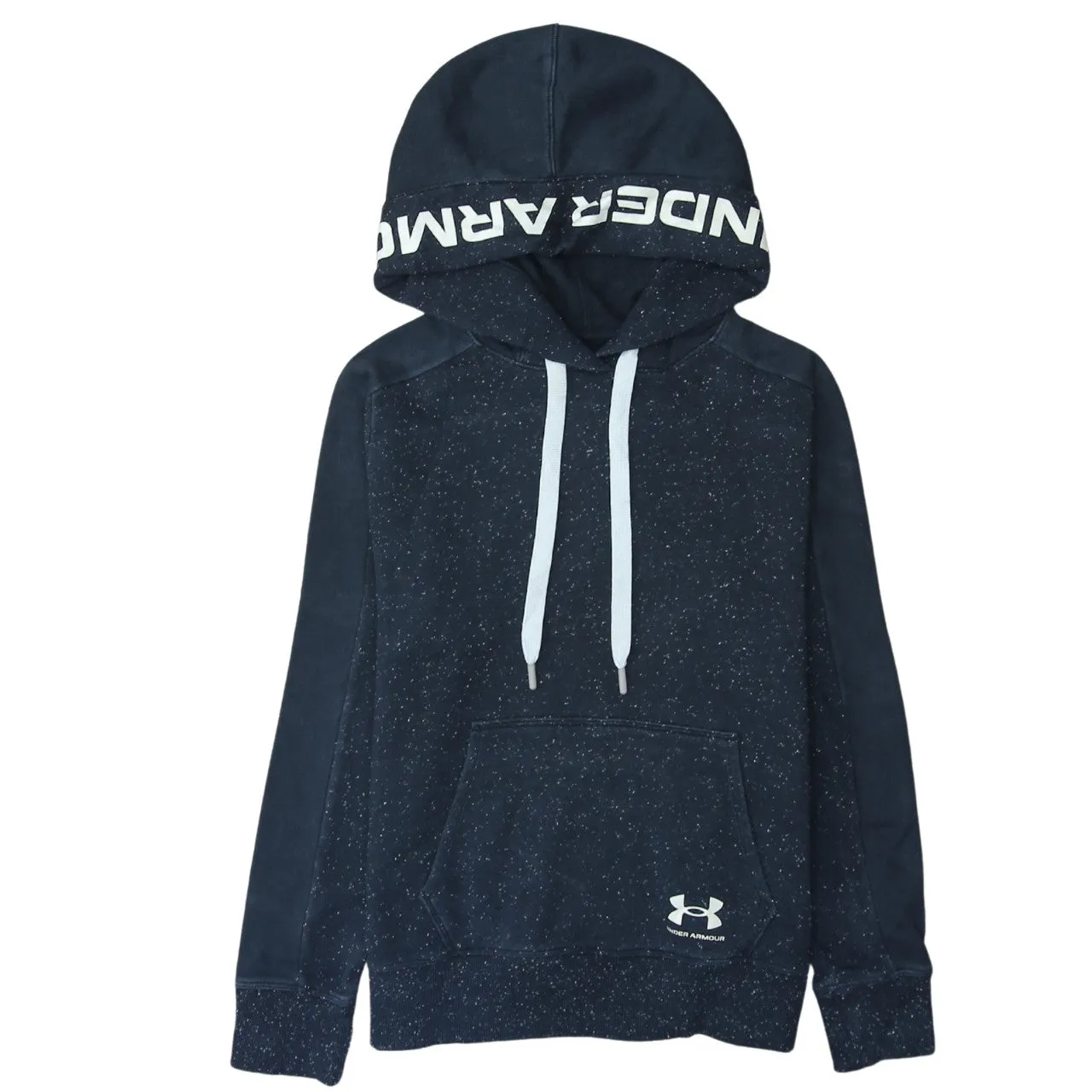 Under Armour Navy Speckle Hoodie Men's Small Printed Logo Drawstring Pocket Pullover Sweatshirt sold by Vintage Club