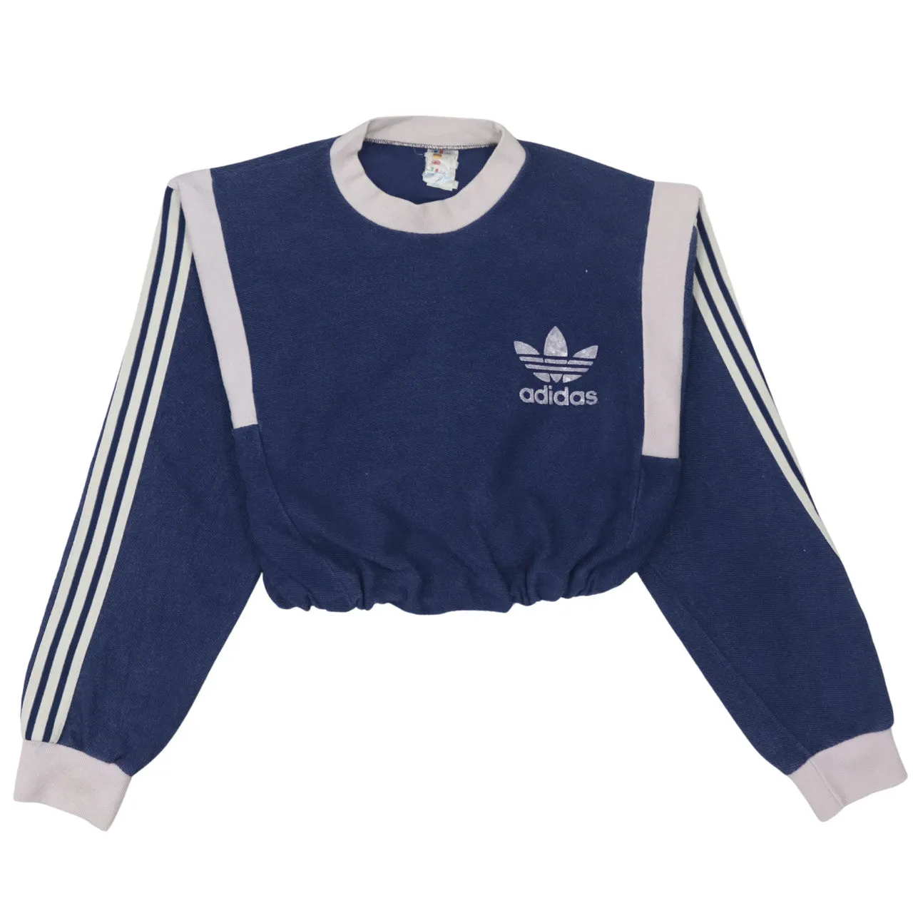 Adidas Navy Blue Sweatshirt Women’s Large Trefoil Logo Three Stripe Cropped Pullover Top sold by Vintage Club