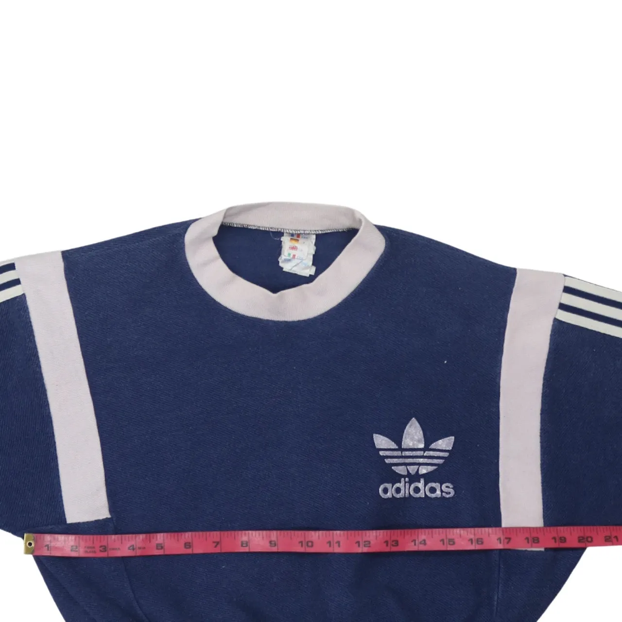 Adidas Navy Blue Sweatshirt Women’s Large Trefoil Logo Three Stripe Cropped Pullover Top sold by Vintage Club product image thumbnail 5