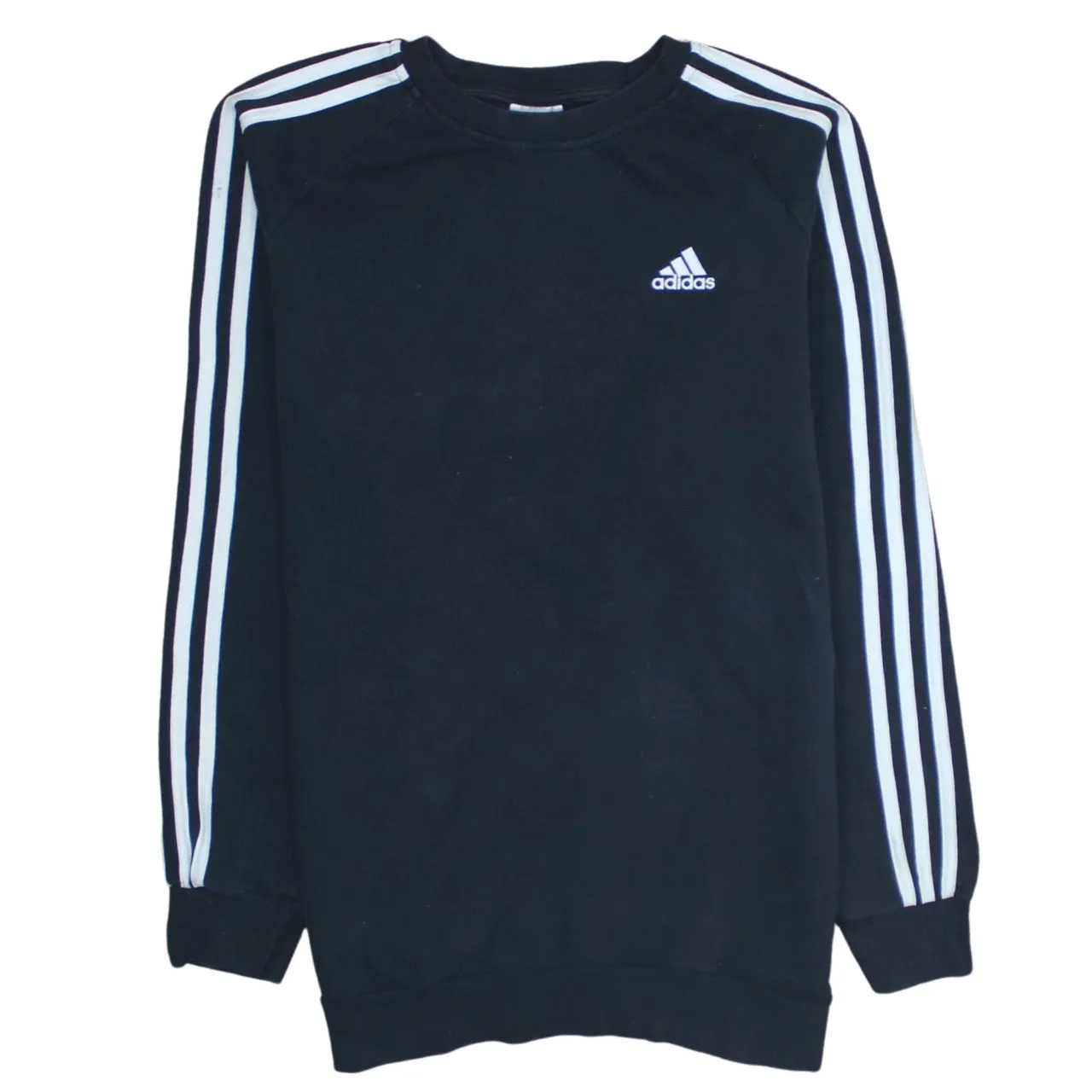 Adidas Black Sweatshirt Women's Small Three Stripe Sleeves Embroidered Chest Logo Pullover Top sold by Vintage Club