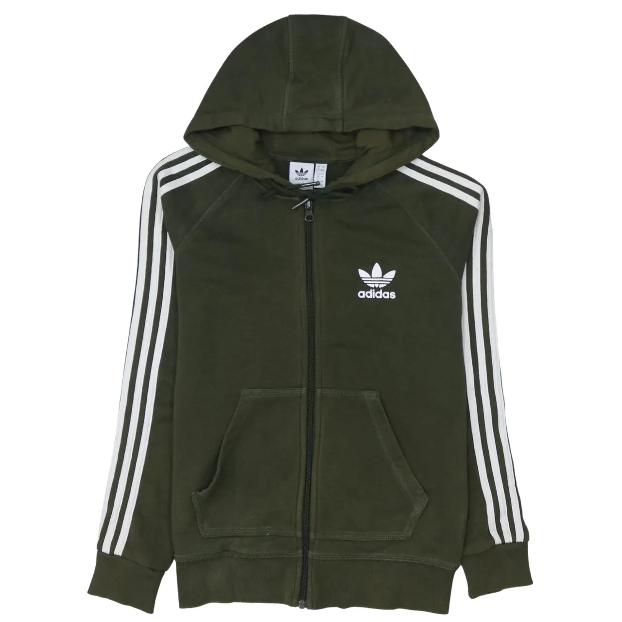 Adidas Khaki Green Zip Hoodie Women’s XSmall Trefoil Printed Logo Three Stripe Sleeves Sweatshirt sold by Vintage Club