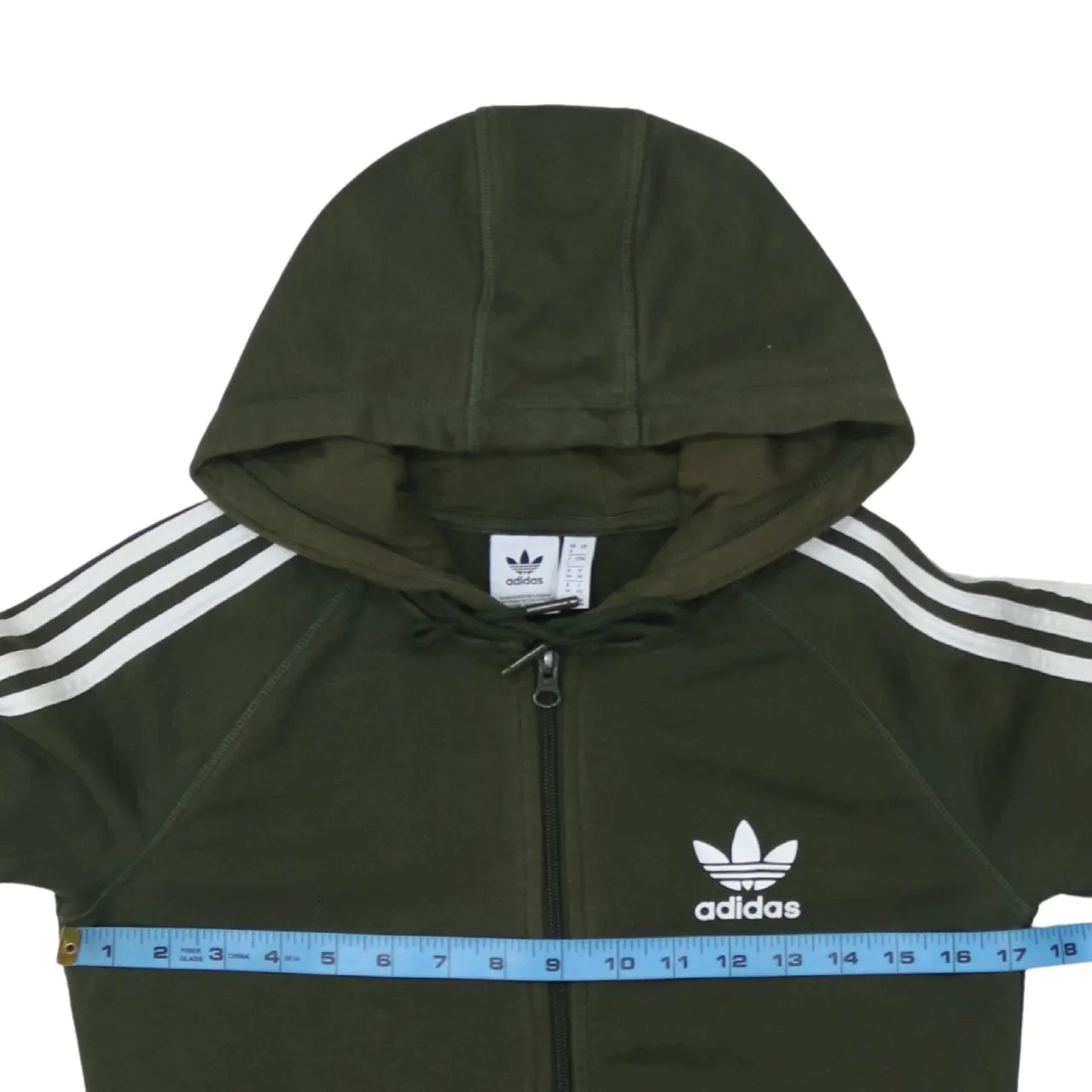 Adidas Khaki Green Zip Hoodie Women’s XSmall Trefoil Printed Logo Three Stripe Sleeves Sweatshirt sold by Vintage Club product image thumbnail 5