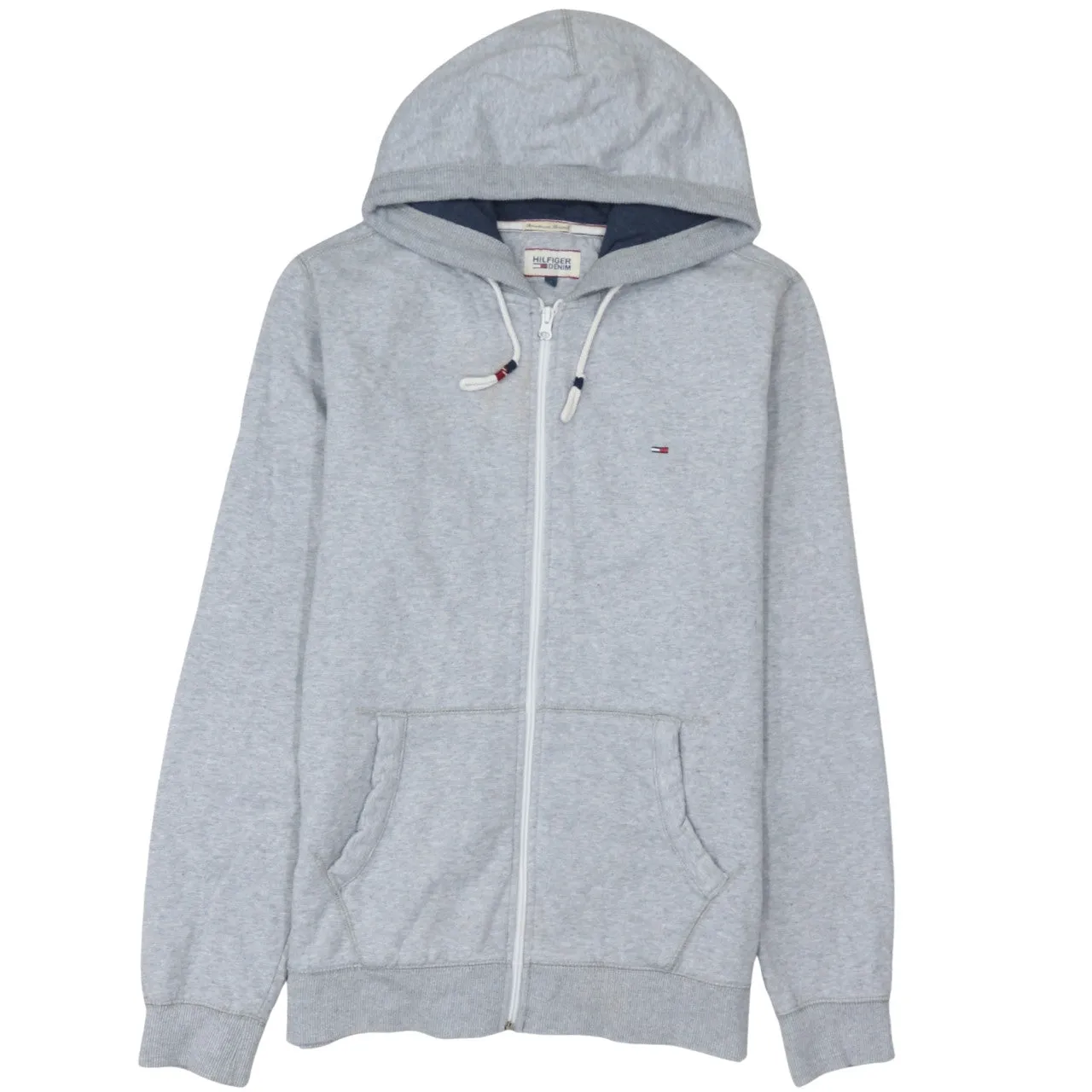 Tommy Hilfiger 90's Drawstring Pockets Full Zip Up Hoodie Large Grey sold by Vintage Club