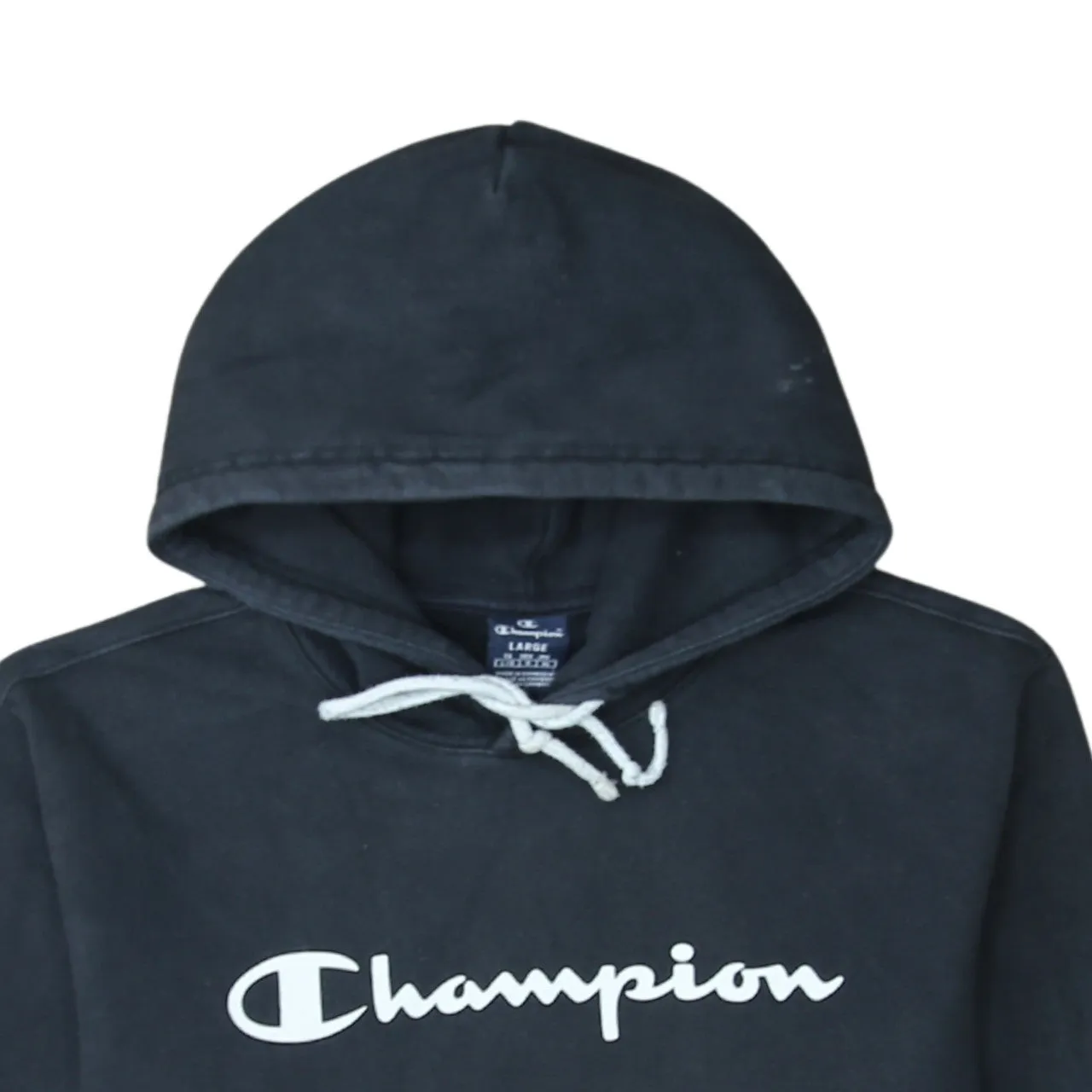 Champion Black Hoodie Women’s Large Printed Chest Logo Front Pocket Pullover Sweatshirt sold by Vintage Club product image thumbnail 3