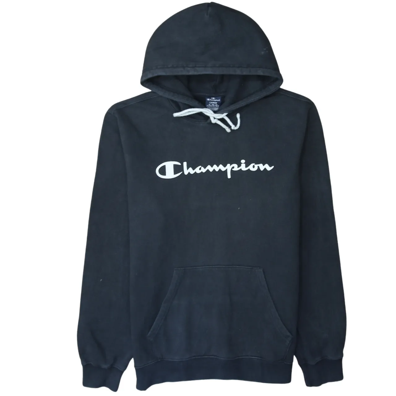 Champion Black Hoodie Women’s Large Printed Chest Logo Front Pocket Pullover Sweatshirt sold by Vintage Club