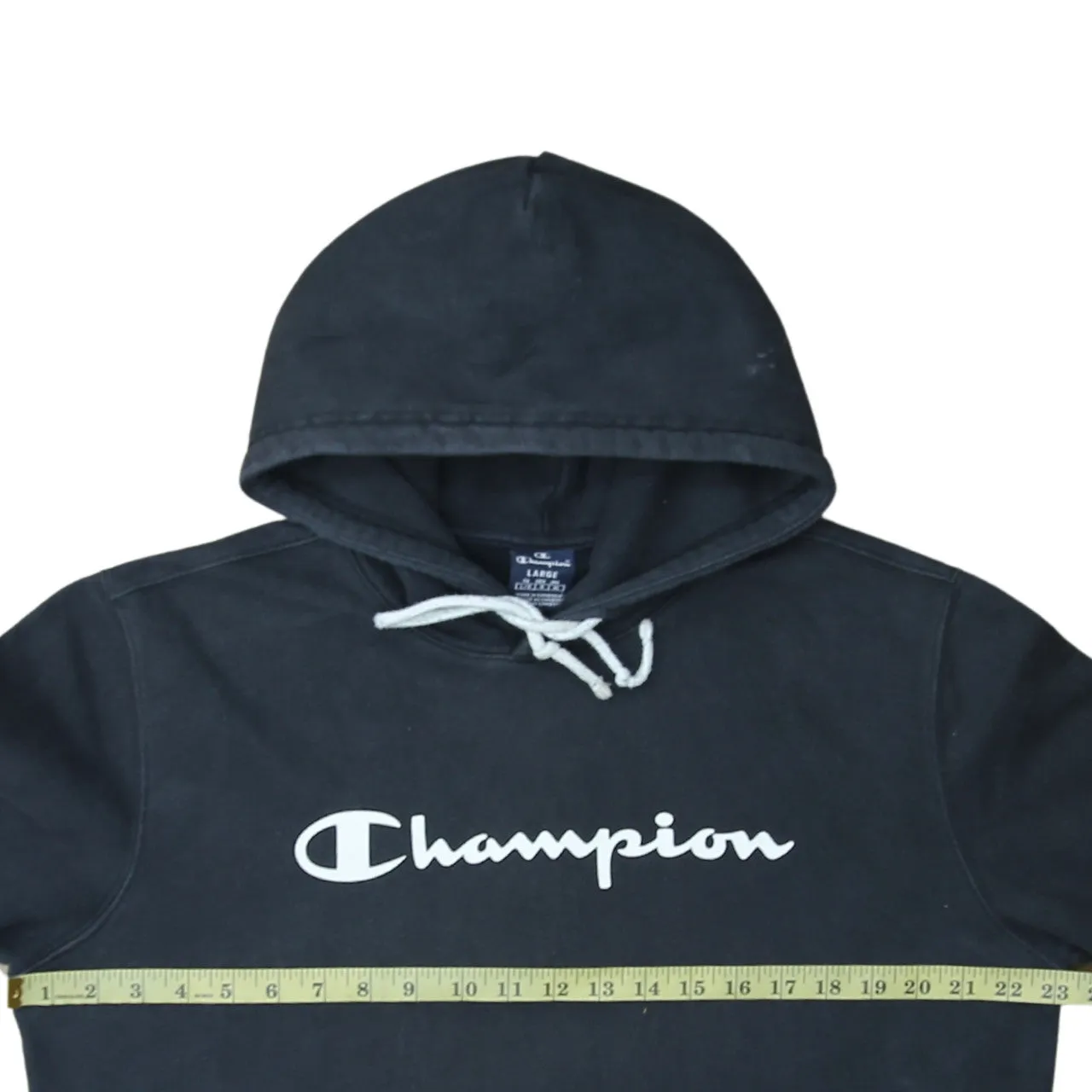 Champion Black Hoodie Women’s Large Printed Chest Logo Front Pocket Pullover Sweatshirt sold by Vintage Club product image thumbnail 5
