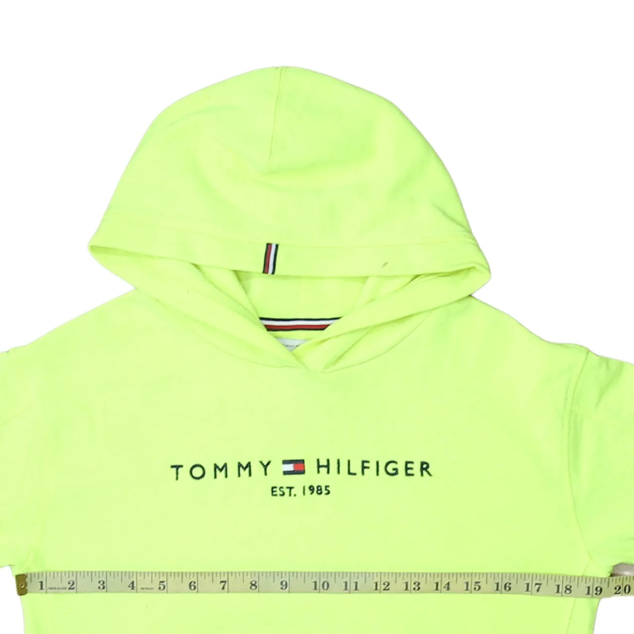 Tommy Hilfiger Neon Green Hoodie Men’s XSmall Printed Logo Ribbed Cuffs Pullover Sweatshirt sold by Vintage Club product image thumbnail 5