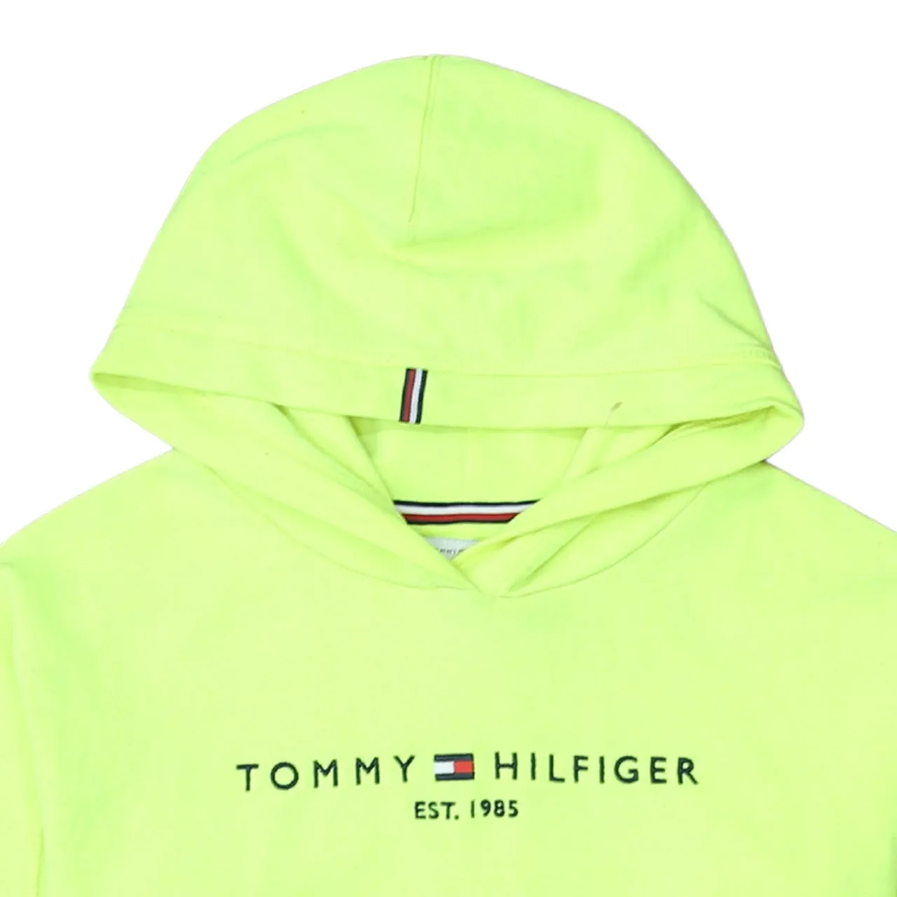 Tommy Hilfiger Neon Green Hoodie Men’s XSmall Printed Logo Ribbed Cuffs Pullover Sweatshirt sold by Vintage Club product image thumbnail 3