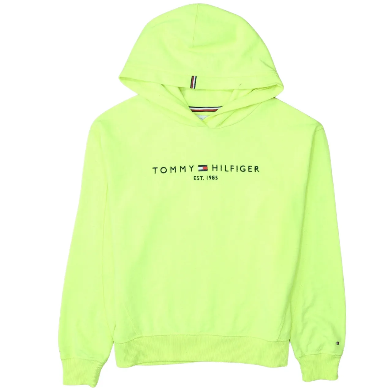Tommy Hilfiger Neon Green Hoodie Men’s XSmall Printed Logo Ribbed Cuffs Pullover Sweatshirt sold by Vintage Club