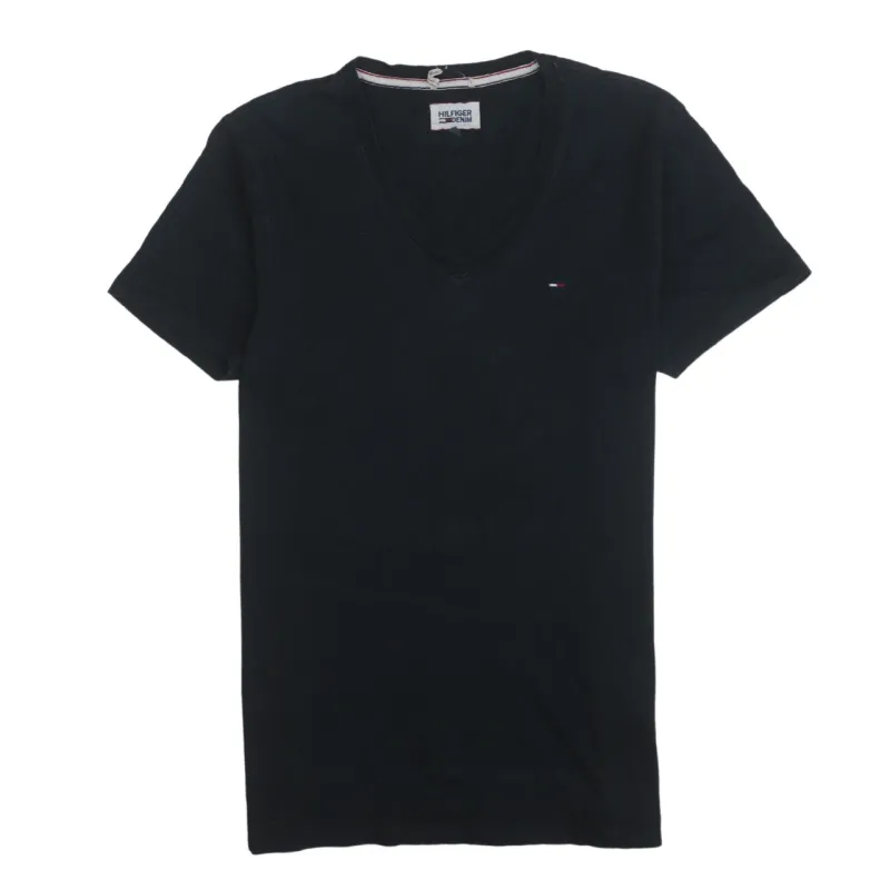 Tommy Hilfiger Black V Neck T Shirt Women’s Medium Small Flag Logo Short Sleeve Tee sold by Vintage Club