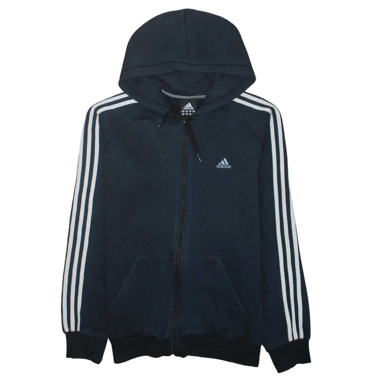 Adidas Black Full Zip Hoodie Men's Medium Three Stripe Sleeves Embroidered Logo Sweatshirt sold by Vintage Club