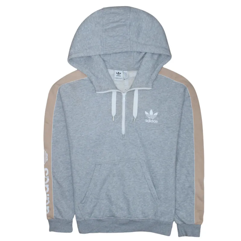 Adidas Grey Half Zip Hoodie Women’s Small Trefoil Logo Beige Sleeve Panels Pullover Sweatshirt sold by Vintage Club