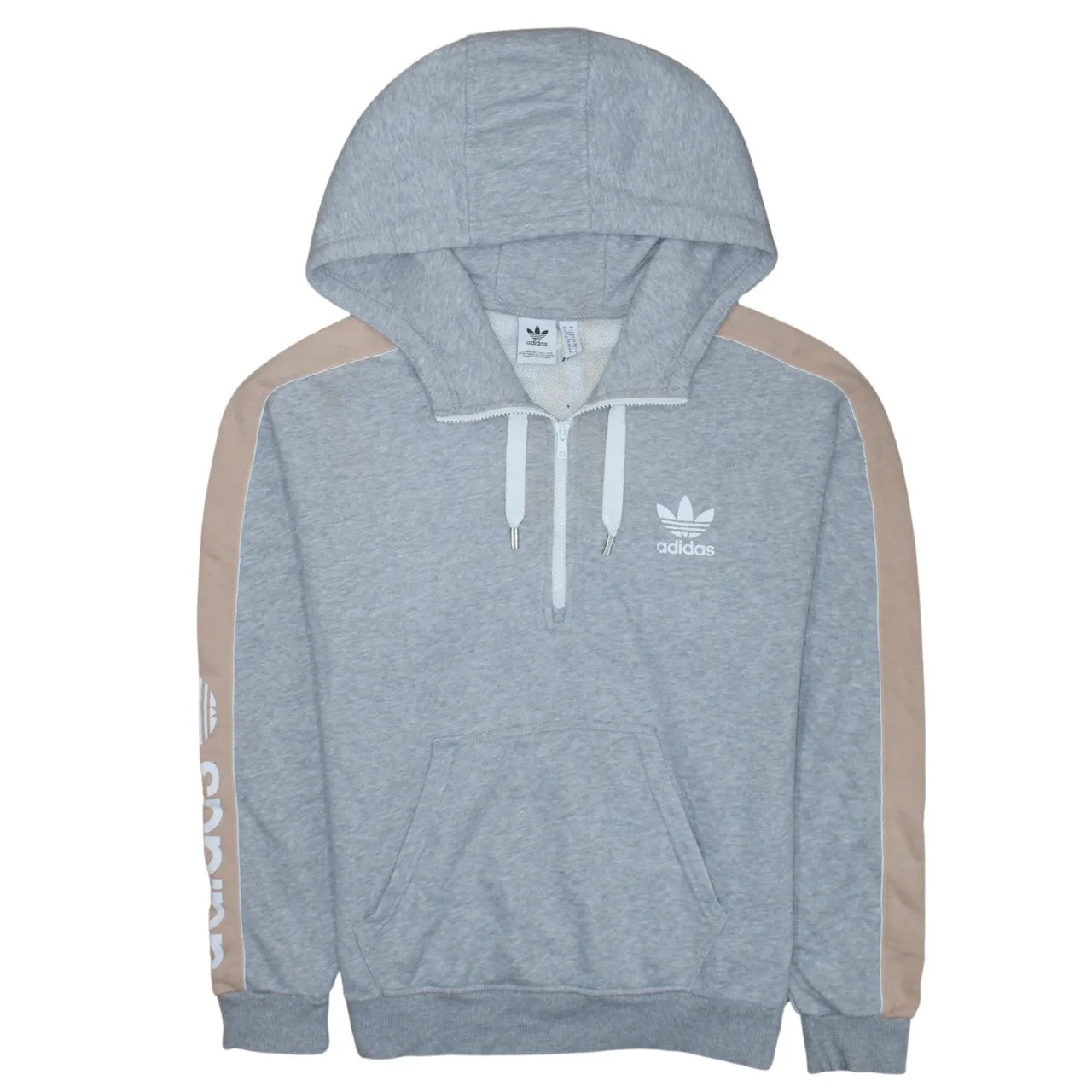 Adidas Grey Half Zip Hoodie Women’s Small Trefoil Logo Beige Sleeve Panels Pullover Sweatshirt sold by Vintage Club