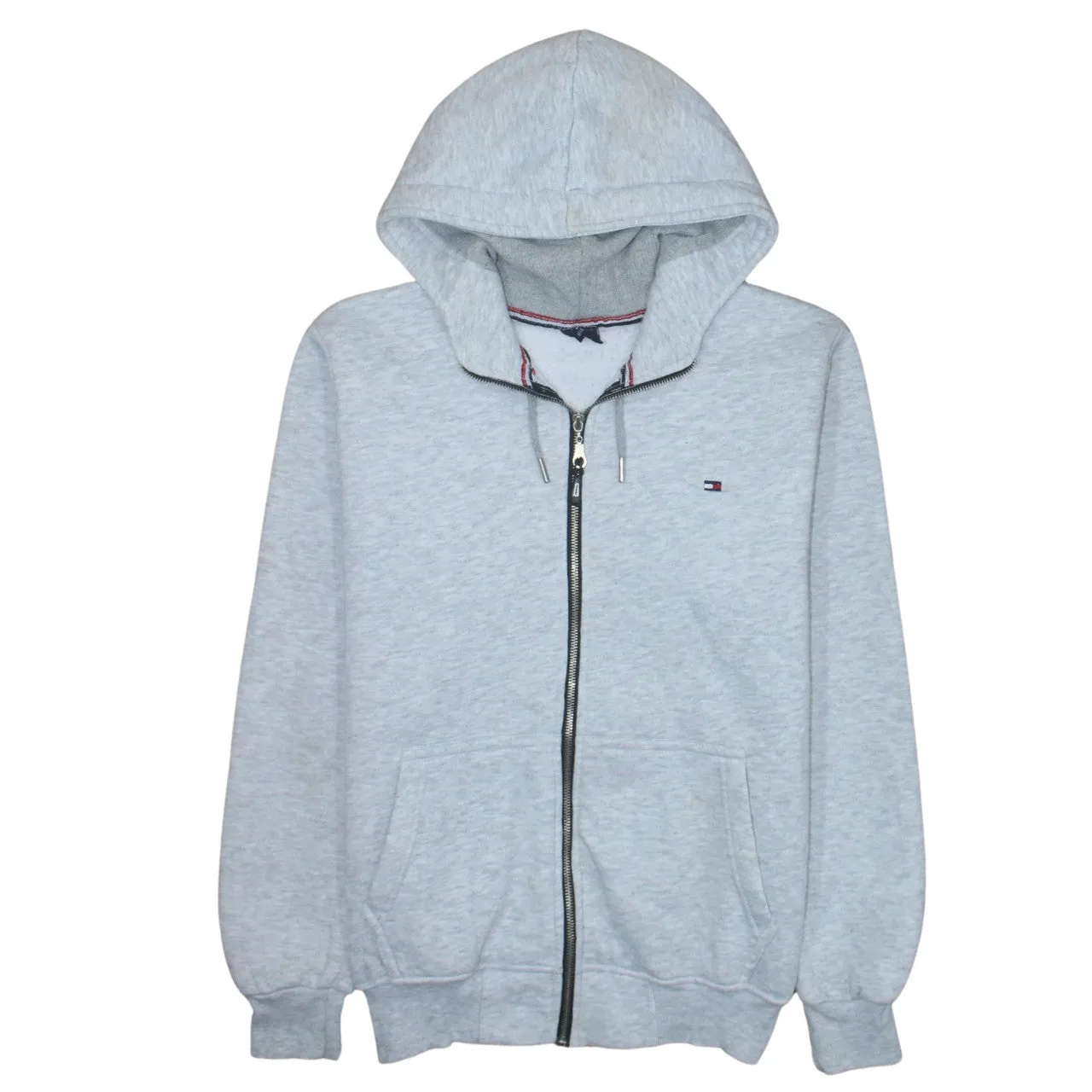 Tommy Hilfiger Light Grey Zip Hoodie Men’s Medium Embroidered Flag Logo Split Pocket Sweatshirt sold by Vintage Club