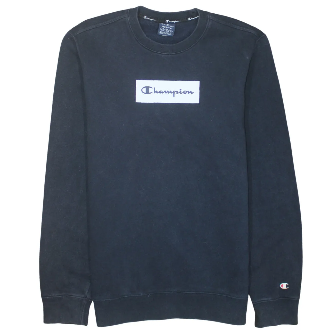 Champion Navy Blue Sweatshirt Women's Medium Printed Box Logo Crewneck Pullover Fleece Top sold by Vintage Club
