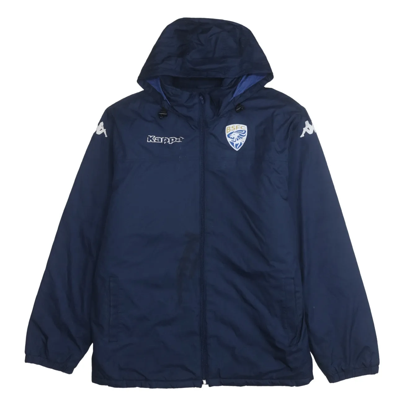 Kappa Navy Blue Hooded Jacket Men’s XLarge Embroidered BSFC Logo Brescia Printed Back Windbreaker sold by Vintage Club