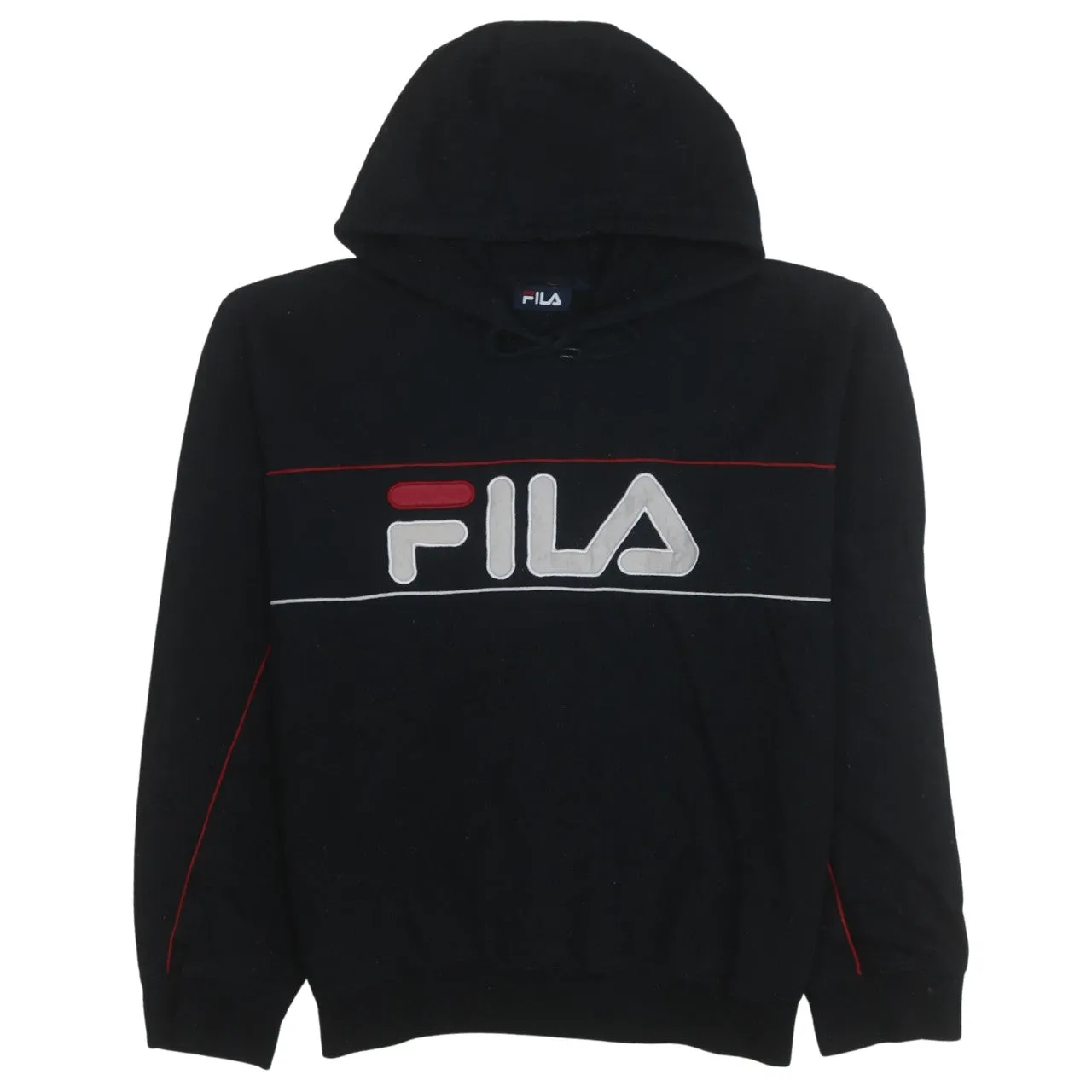 Fila Black Hoodie Men’s Medium Embroidered Big Logo Red Piping Pullover Sweatshirt sold by Vintage Club