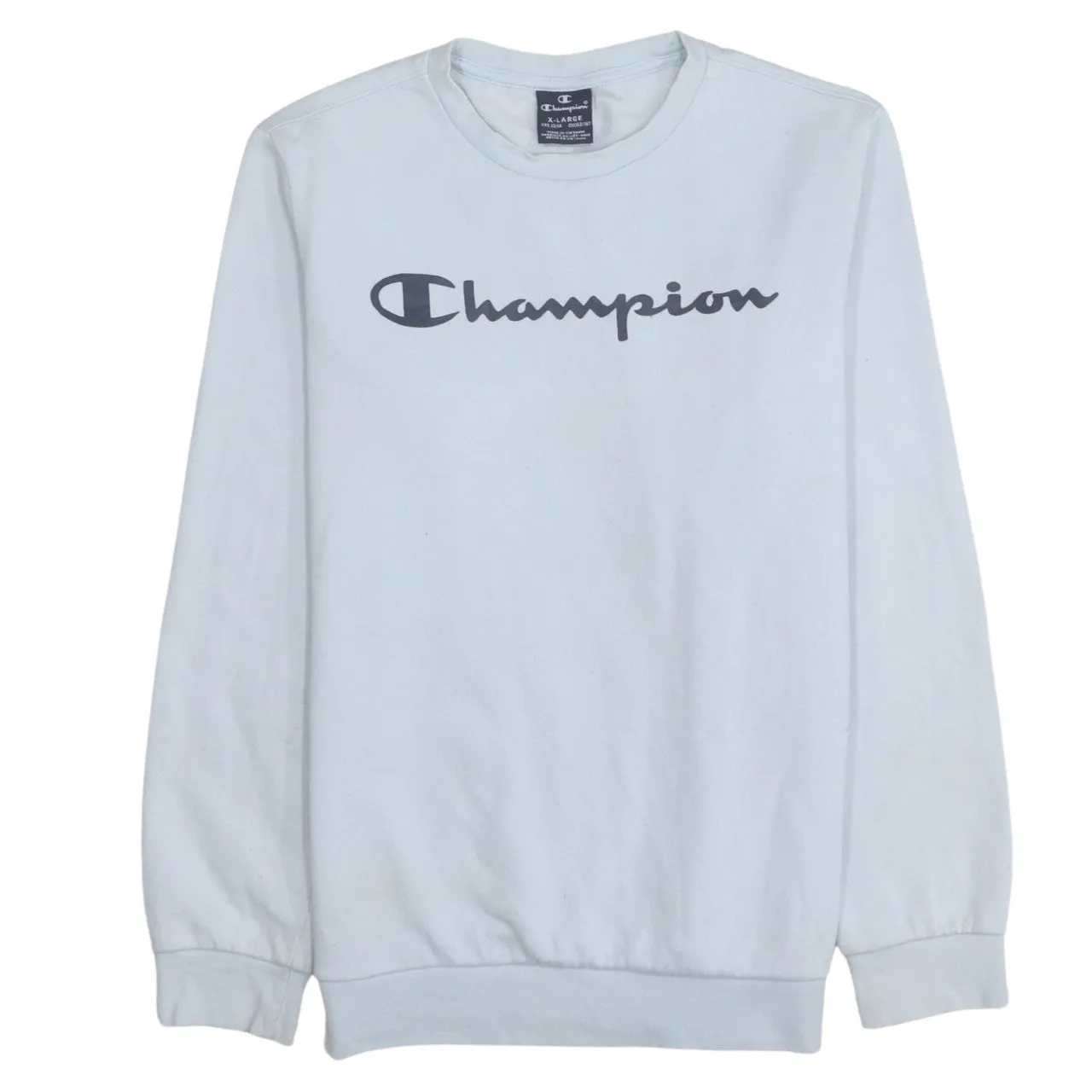 Champion 90's Spellout Crew Neck Sweatshirt XLarge Blue sold by Vintage Club