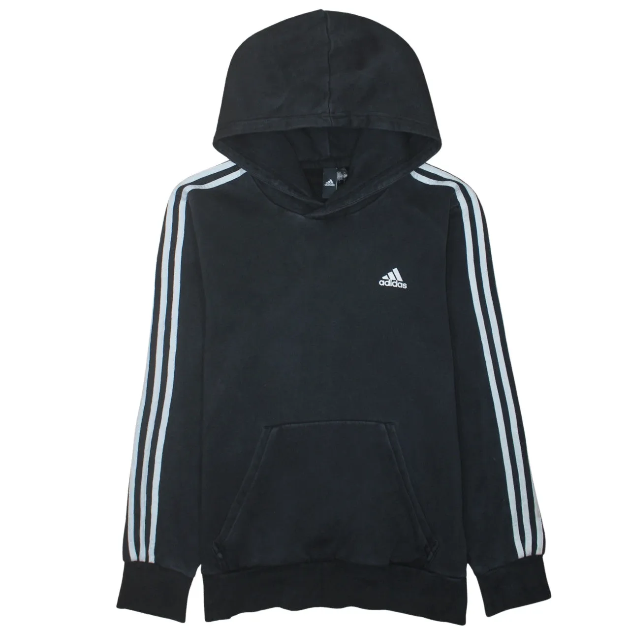 Adidas 90's Striped Sleeve Pullover Hoodie Medium Black sold by Vintage Club