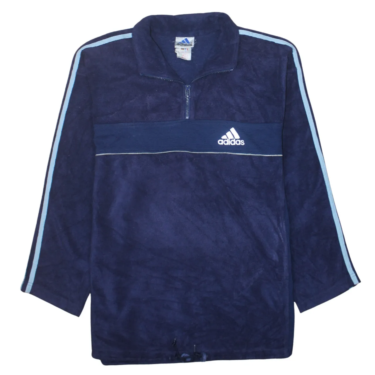 Adidas 90's Striped Sleeve Quarter Zip Fleece Jumper Small Navy Blue sold by Vintage Club