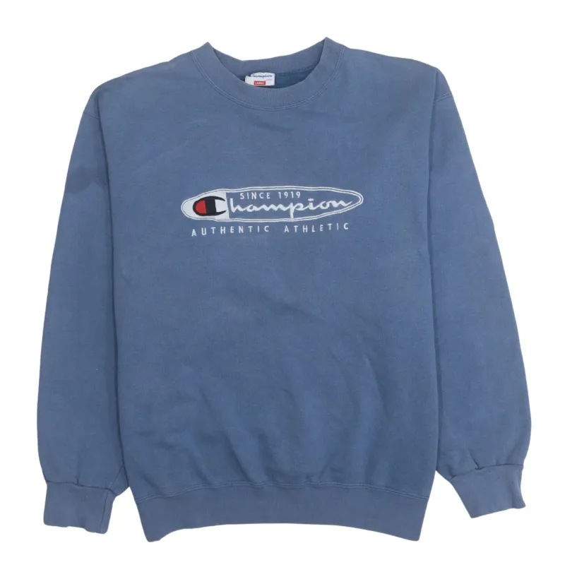Champion 90's Spellout Crew Neck Sweatshirt Large Blue sold by Vintage Club
