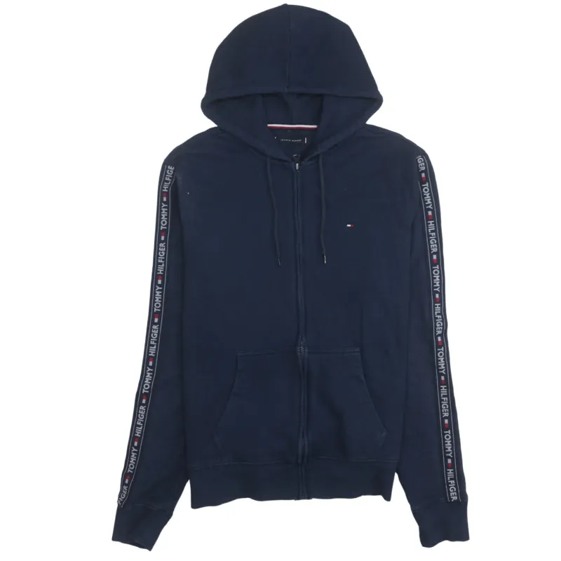 Tommy Hilfiger 90's Drawstring Pockets Full Zip Up Hoodie Large Navy Blue made by Tommy Hilfiger