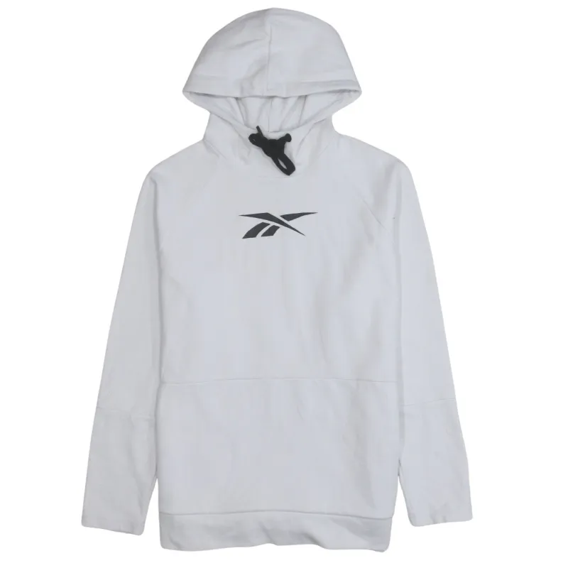 Reebok White Hoodie Men's Medium Printed Logo Drawstring Hood Long Sleeve Pullover Sweatshirt sold by Vintage Club