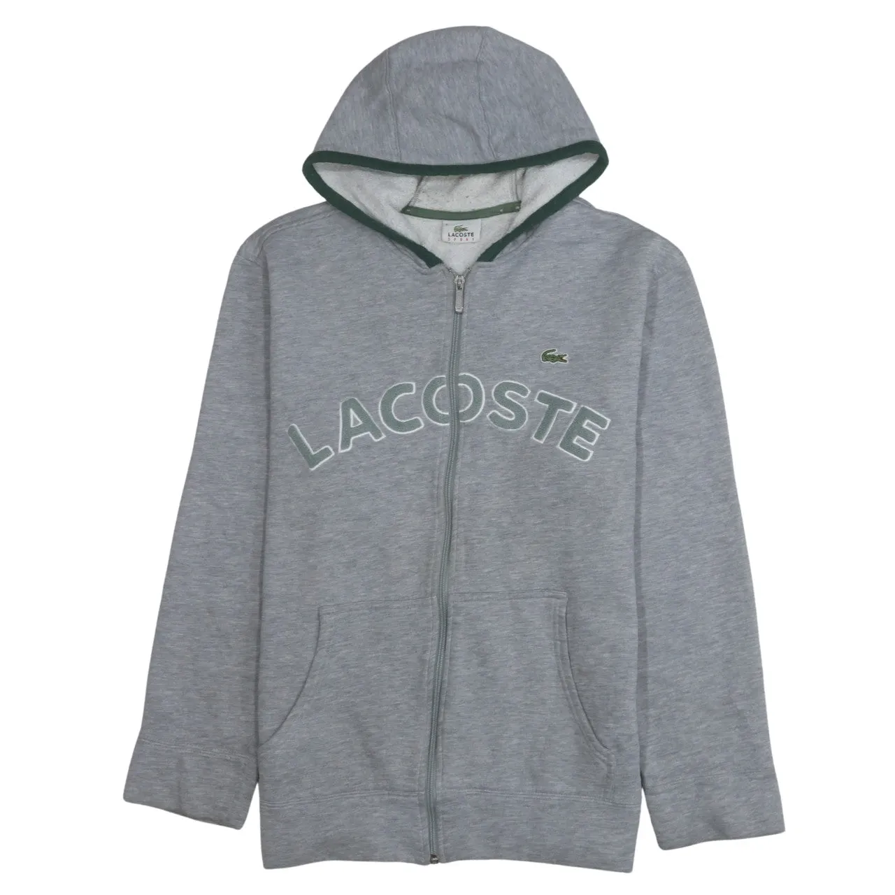 Lacoste Grey Zip Hoodie Women's Medium Embroidered Logo Split Kangaroo Pockets Sweatshirt sold by Vintage Club