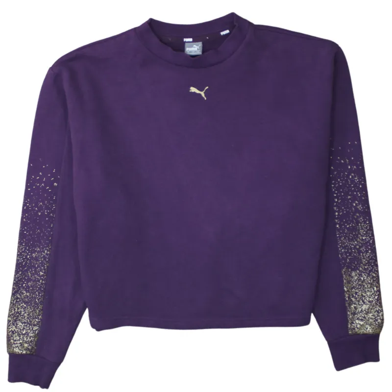 Puma Purple Sweatshirt Men's Small Gold Logo Speckled Sleeve Print Crewneck Pullover Top made by Puma