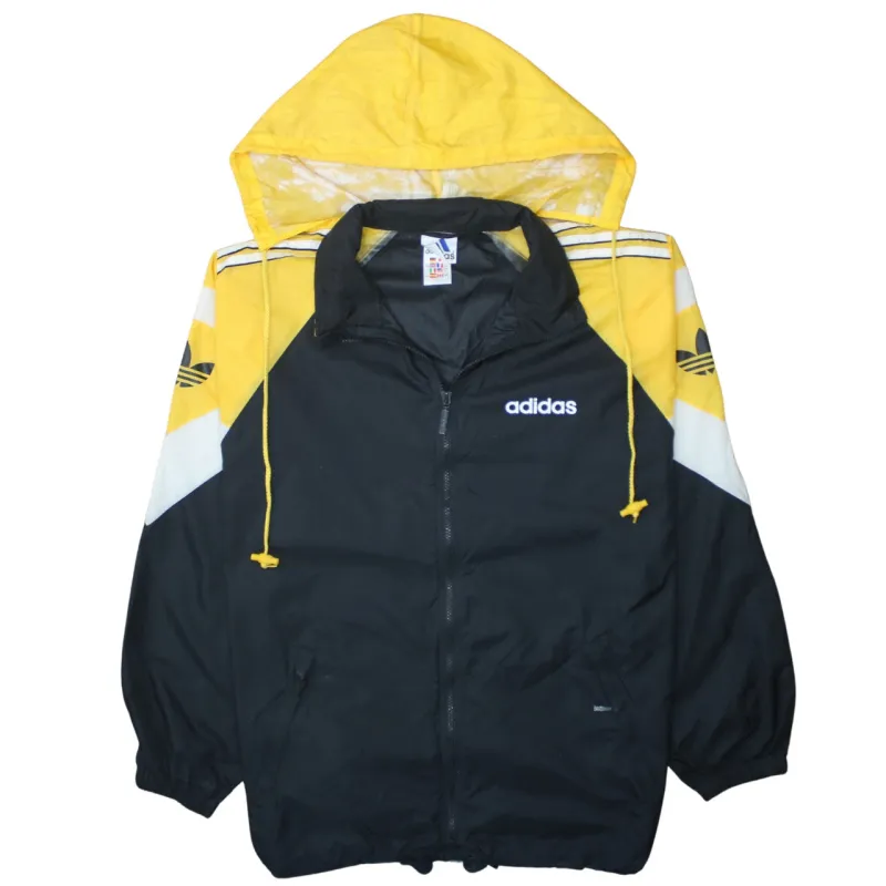 Adidas Black Yellow Hooded Windbreaker Men's Medium Trefoil Logo Zip Pockets Jacket made by Adidas