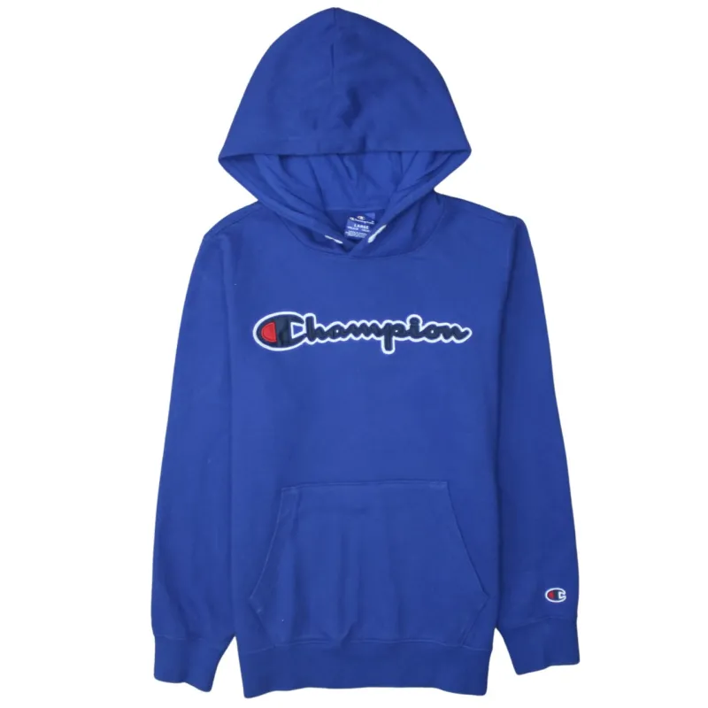 Champion 90's Spellout Pullover Hoodie Large Blue sold by Vintage Club