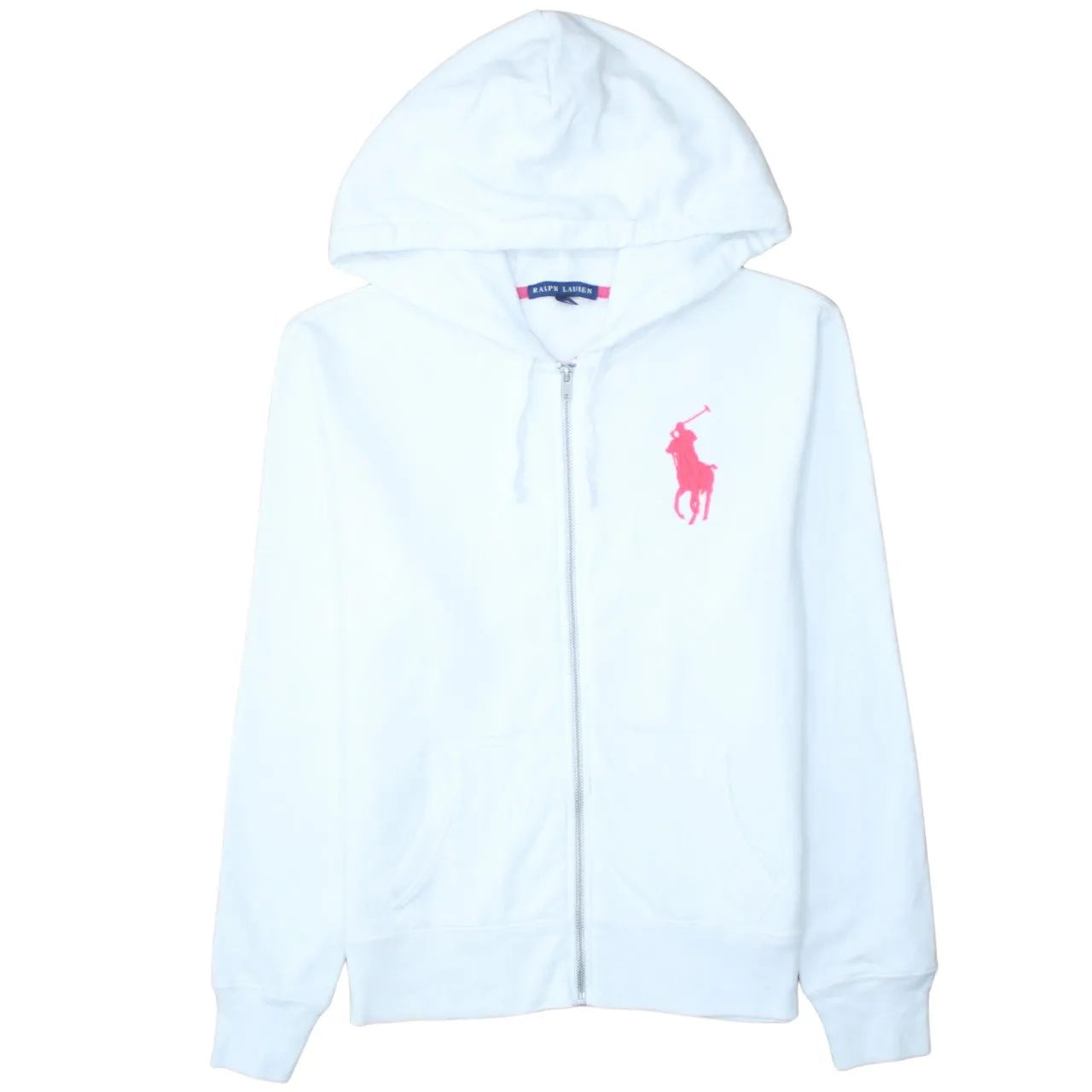 Polo Ralph Lauren White Zip Hoodie Women's Large Pink Big Pony Logo Split Pocket Sweatshirt sold by Vintage Club