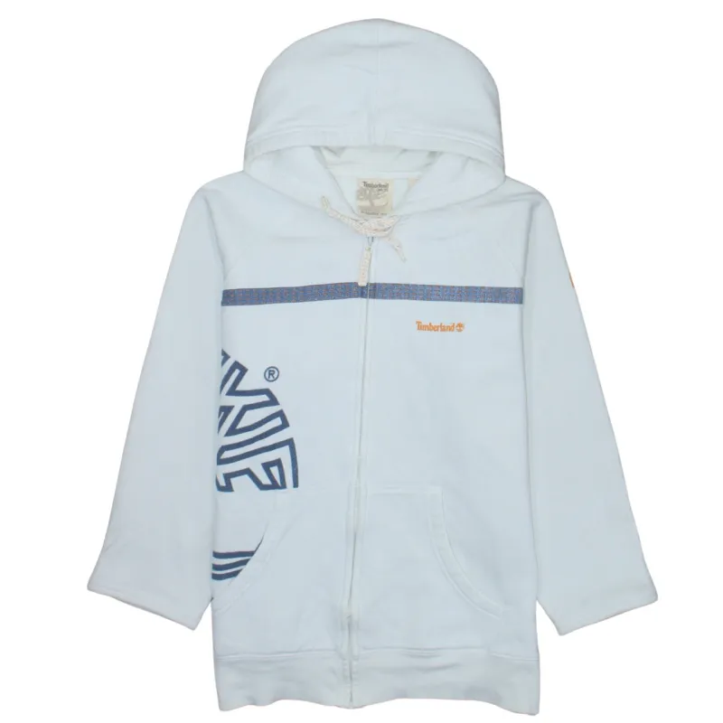 Timberland White Zip Hoodie Men's Medium Printed Logo Front Pockets Casual Sweatshirt made by Timberland