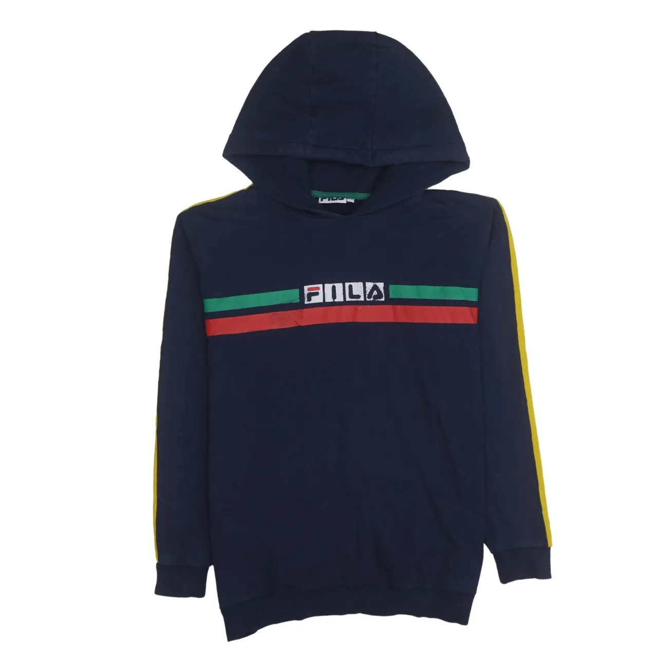 Fila Navy Blue Hoodie Women’s XSmall Printed Logo Stripe Sleeves Pullover Sweatshirt sold by Vintage Club