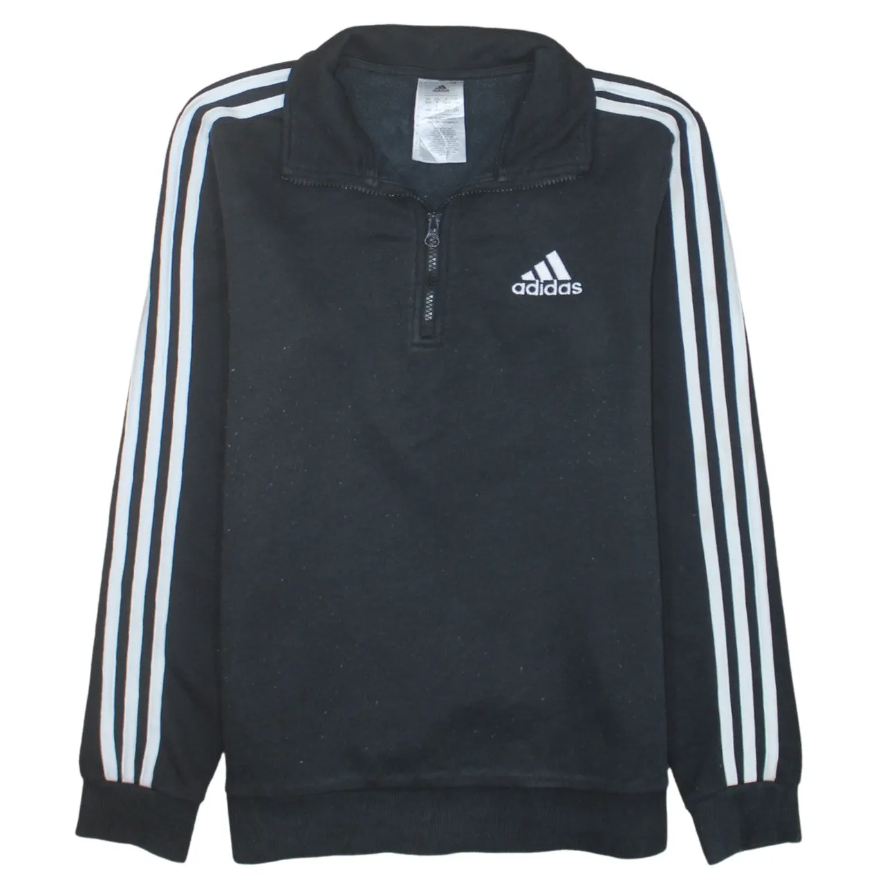 Adidas Black Quarter Zip Sweatshirt Women’s Small Three Stripe Sleeves Embroidered Logo Pullover Top sold by Vintage Club